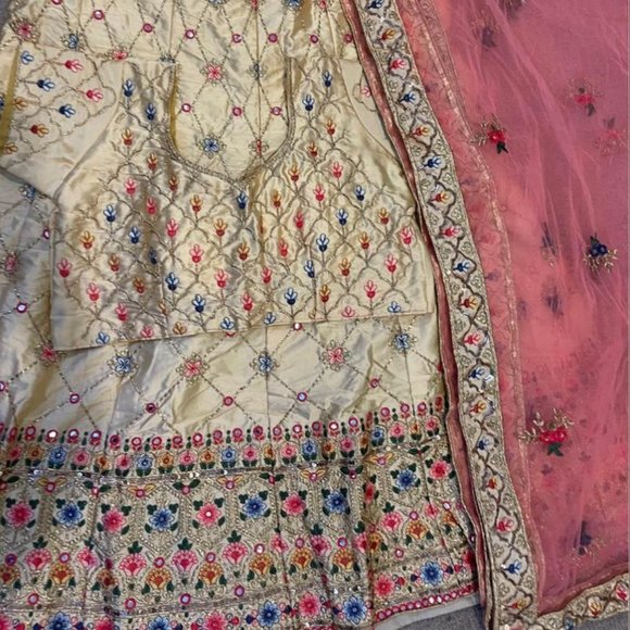 Golden Cream Lehenga with Light Pink Dupatta - Picture 1 of 5
